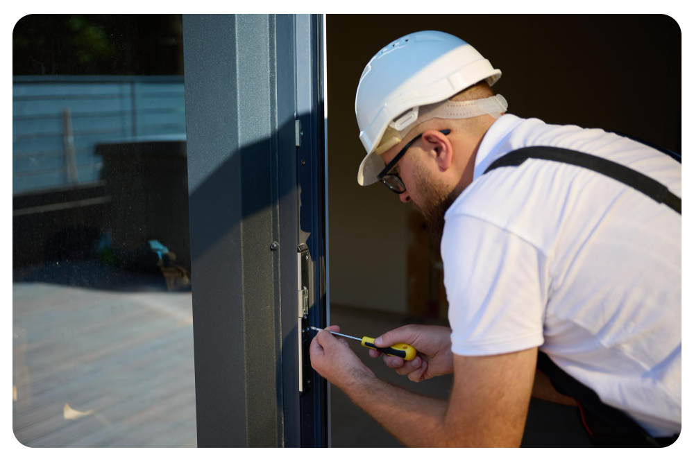 Un homme répare une poignée de porte, un bricoleur répare la serrure de la porte dans la chambre, travaille pour les réfugiés